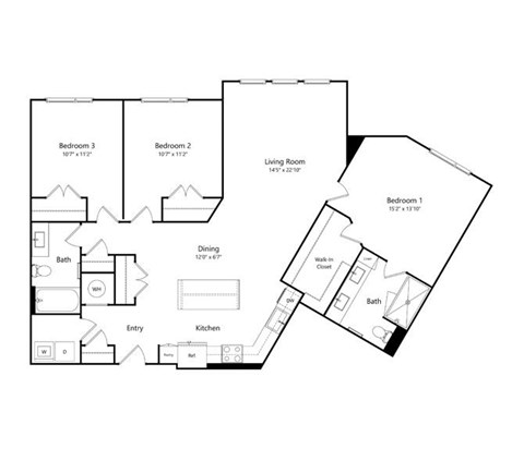 Floor plan for 3 beds, 2 baths, 1450 sqft